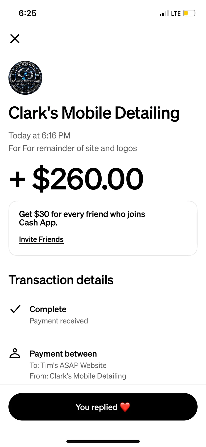 Clark's Mobile Detailing payment to Tim's ASAP Website